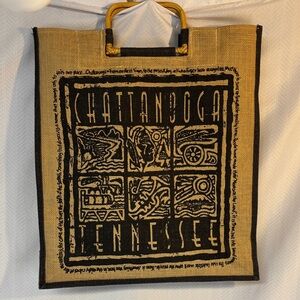 East India Natural Goods Co. Chattanooga Tennessee Tan and Black Burlap Tote Bag